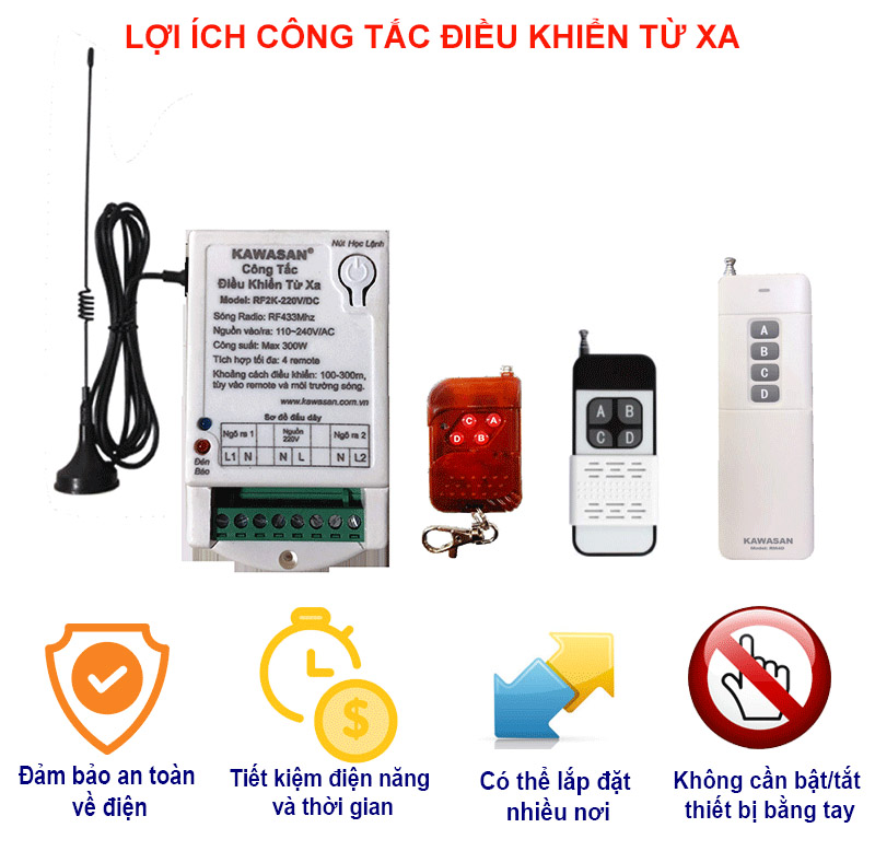 Công tắc điều khiển từ xa - 2 kênh, anten dài, gồm remote, RF2KB 220V-RM4D