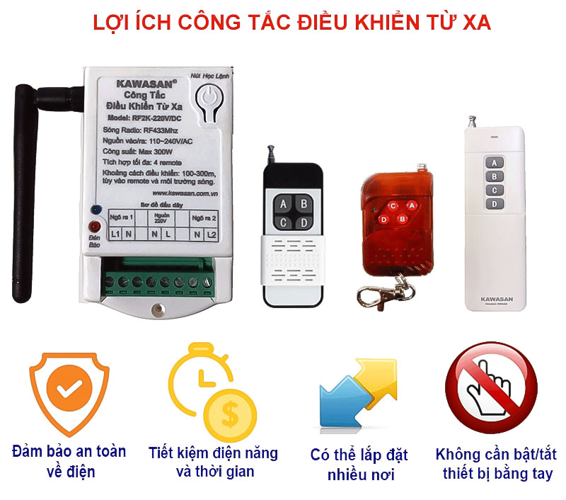 Công tắc điều khiển từ xa - 2 kênh, anten ngắn, gồm remote, RF2K 12V-RM01B