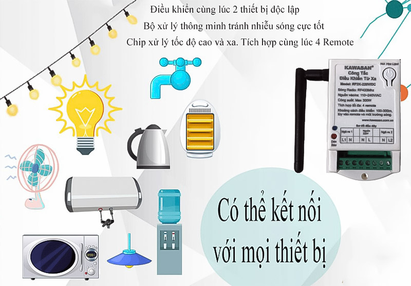 Công tắc điều khiển từ xa - 2 kênh, anten ngắn, gồm remote, RF2K 220V-RM4D