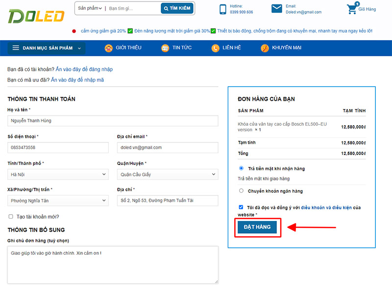 đã điền thông tin đặt hàng